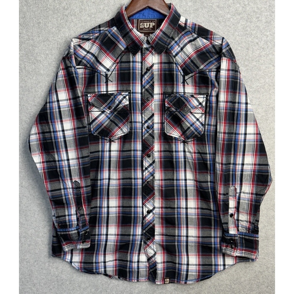 Cowboy Up Long Sleeve Pearl Snap Cowboy Cut Shirt Western Plaid Black Blue L EUC
